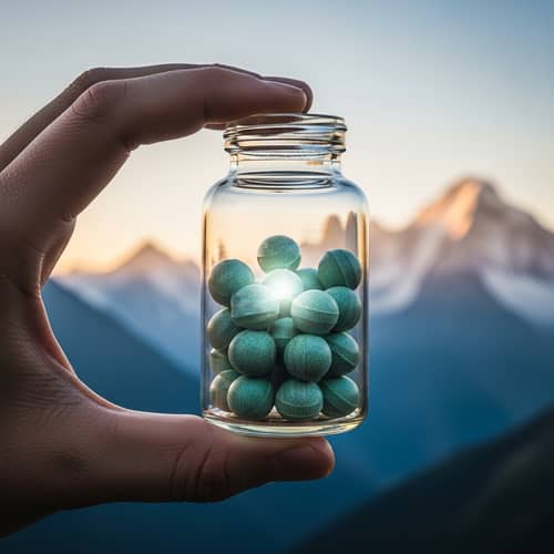 Greenish-Blue Supplement Pills in Transparent Glass Bottle | Mountain Range Background