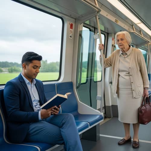 Man Ignoring Elderly Woman in Train Scene | Thought-provoking Image