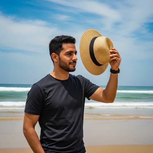 Tranquil Afternoon by the Sea: Middle-Eastern Man on Beach