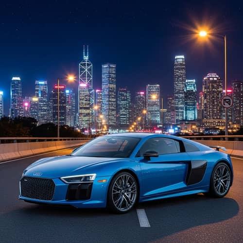 Stunning Blue Audi R8 Against Majestic Cityscape