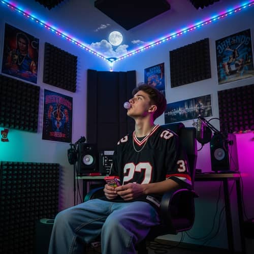 Caucasian Teenager in Rap Music Studio Gazing at Moon