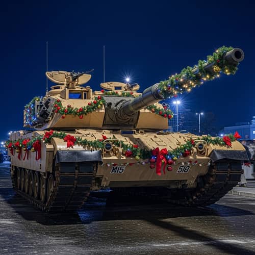 Christmas Tank: Festive Armored Vehicle Decorated with Lights & Ornaments