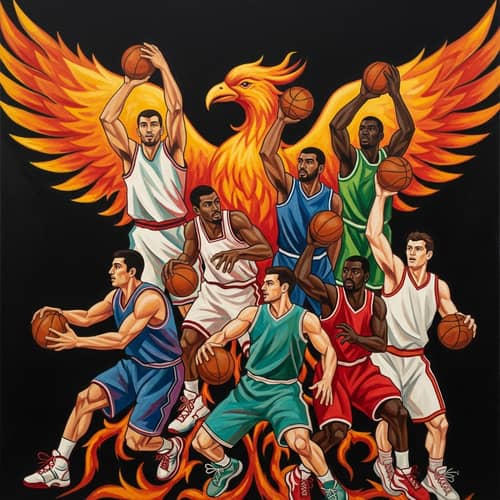 Fiery Phoenix Basketball Players in Abstract Modernistic Style