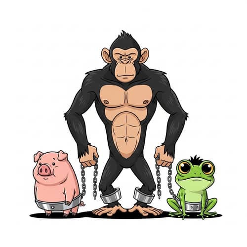 Muscular Chimp Dominating Pig and Frog Cartoon
