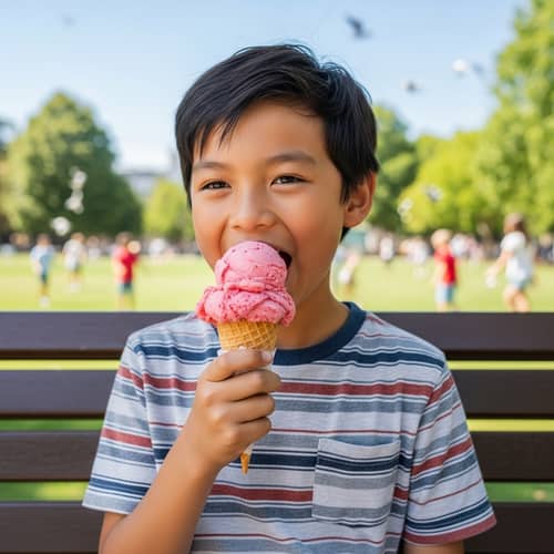 Happy Asian Boy Enjoying Strawberry Ice Cream in the Park