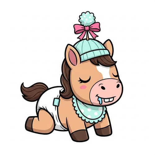 Adorable Baby Horse Cartoon Character Figurine | Sleeping Pony in Cradle