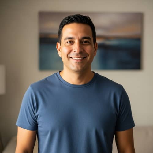 Joyful Hispanic Man in Casual Attire Standing Against Neutral Background