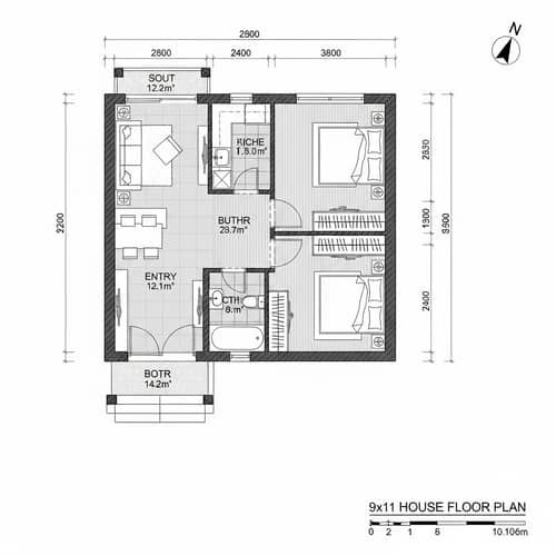 2-Bedroom House Blueprint Design | Floor Plan for 9x11 Home