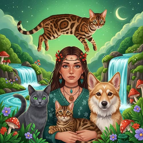 Enchanting Scene with Woman, Bengal Cat, and Russian Blue Cat