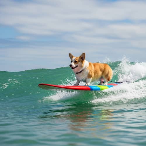 Playful Corgi Dog Surfing on Bright Surfboard