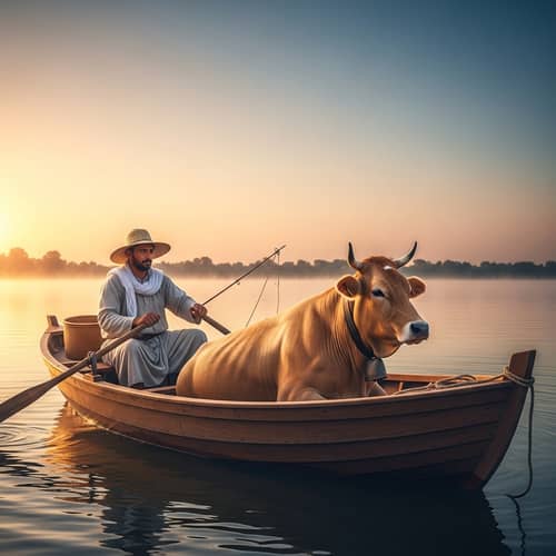 Serene Middle-Eastern Fisherman Rowing Wooden Boat on Quiet Lake