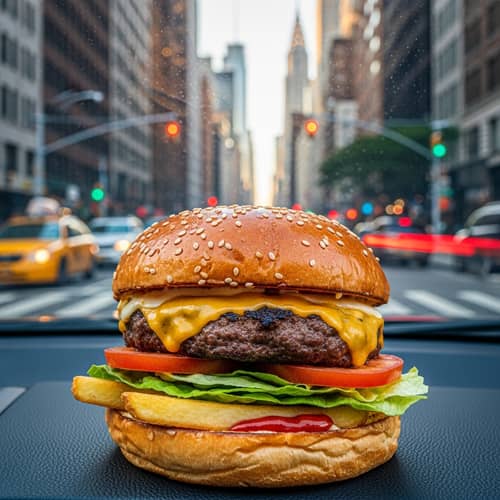 Delicious Cheeseburger in Car with New York City Skyline