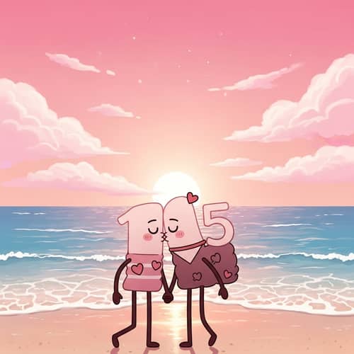 Romantic Sunset Kiss on Beach | Digit Figures 1 & 5 Illustration