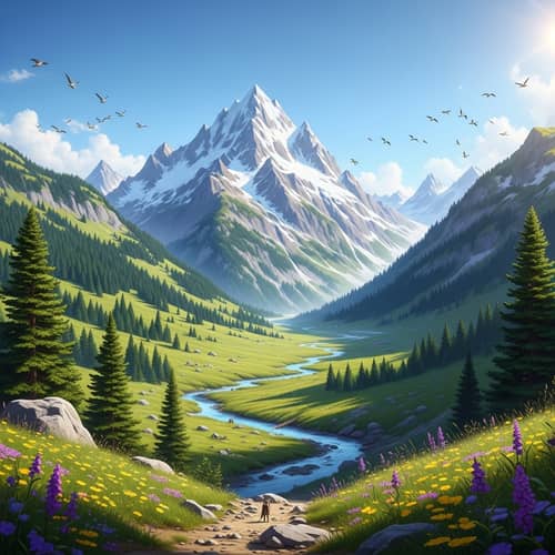 Majestic Mountain Landscape - Snow-Capped Summits & Verdant Valleys