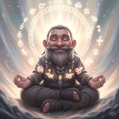 Ethereal Meditative Dwarf Surrounded by Symbols