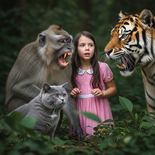 Aggressive Grey Monkey, Cat, and Girl Staring at Tiger in Realist Style