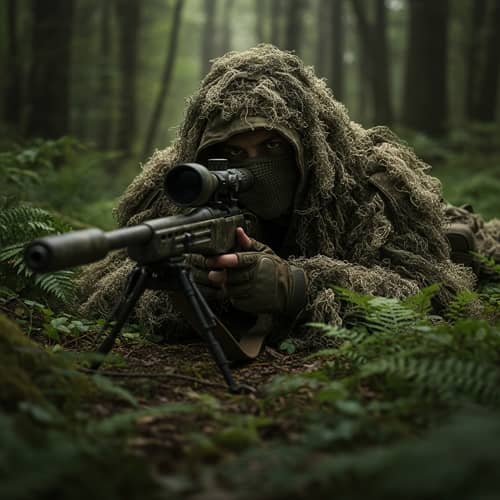 Stealthy Sniper in Verdant Forest | High-Stakes Rifle Targeting
