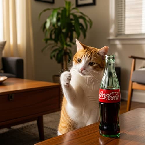 Orange and White Cat Curiously Interacting with Coca Cola