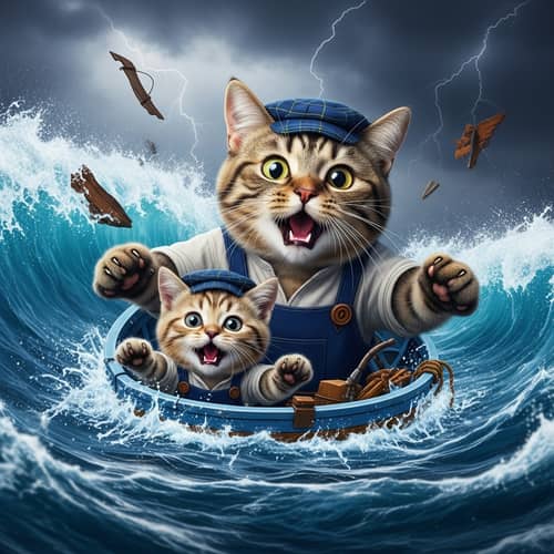 Scared Scottish Cat and Kitten Sinking in Blue Waves