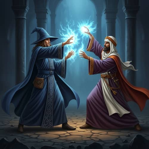 Magical Duel: Wizard vs. Priest in Renaissance-inspired Scene