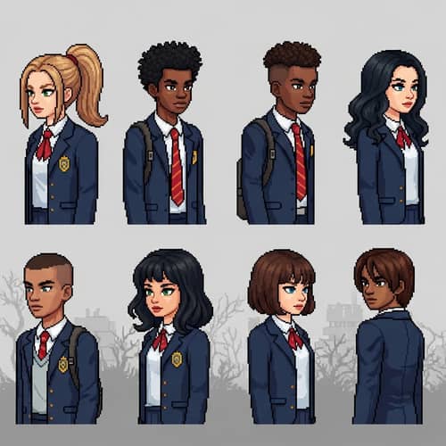 Pixel High School Students in Apocalypse, School Uniform Characters