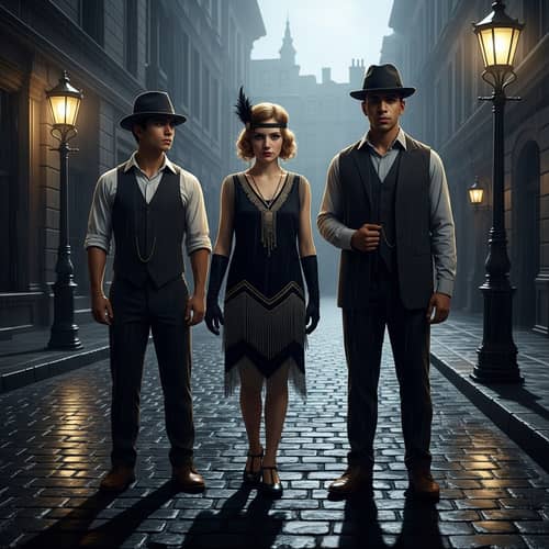 1920's Film Noir Style Street Scene with Three Young People