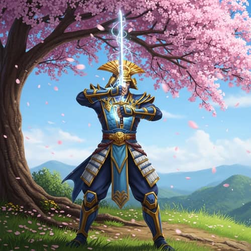 Fantasy Game-Inspired Samurai Character Drawing Sword under Sakura Tree