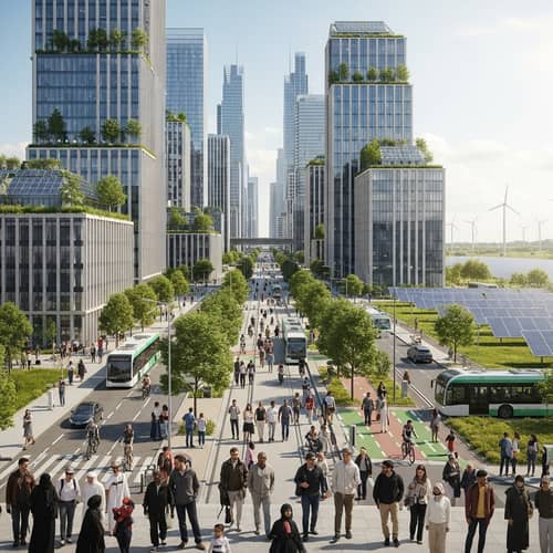 Eco-Friendly Cityscape with Green Roofs & Renewable Energy