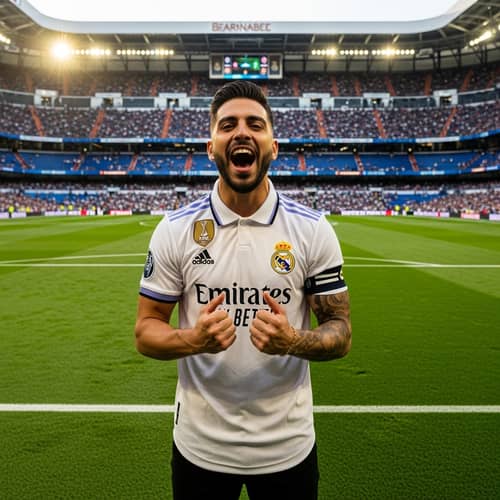 Passionate Hispanic Male Musician in Real Madrid Jersey at Santiago Bernabeu
