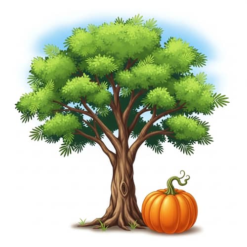 Whimsical Acacia Tree Illustration with Pumpkin | Bright and Cartoon Style