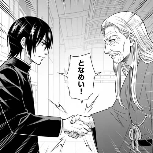 Japanese Manga Style Handshake Scene with Distinctive Characters