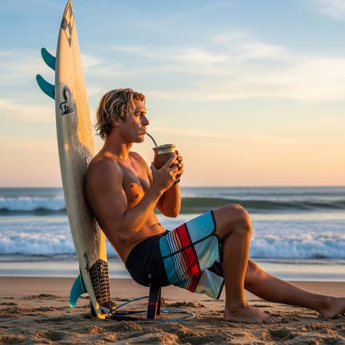 Blond Surfer Enjoying Yerba Mate on Beach | Sunset Relaxation