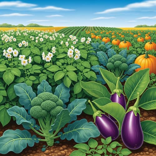 Vibrant Agricultural Landscape with Potato, Broccoli, Pumpkins, Eggplants | Beautiful Summer Scene