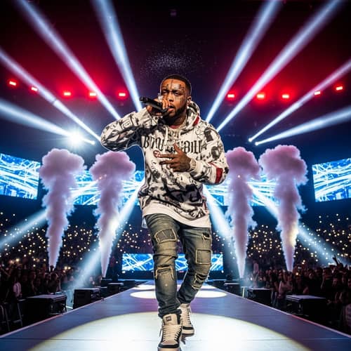 21 Savage | Energetic Rapper in Streetwear Fashion on Stage