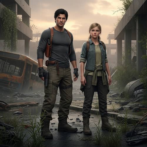 Leon Kennedy and Blonde Girl in Apocalyptic Survival Game Setting