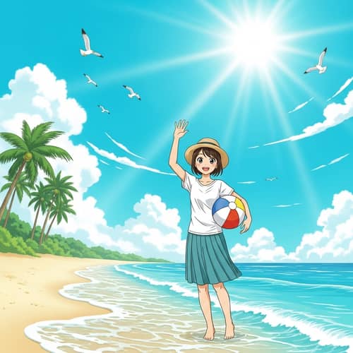 Japanese Woman Enjoying Sunny Day at Beach | Tranquil Seaside Scene