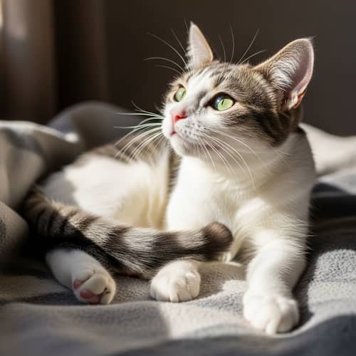 Adorable Cat Relaxing on Soft Blanket | Cute White and Grey Feline