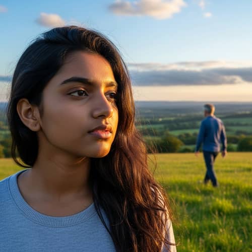 Teenage Girl Gazing at Distant Man in Quaint Countryside