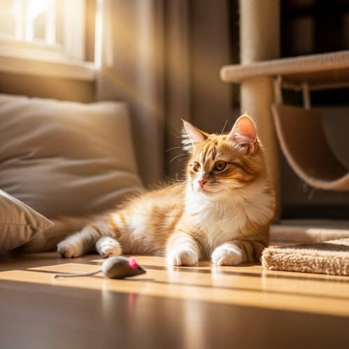 Fluffy Cat Lounging in Sunlit Room with Toy Mouse