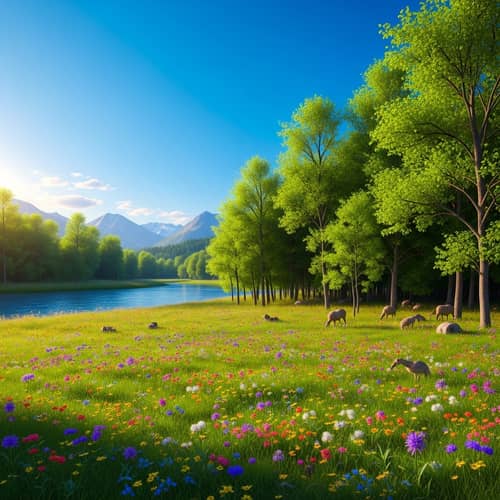 Lush Landscape with Diverse Flora and Fauna | Meadow, River, Wildlife