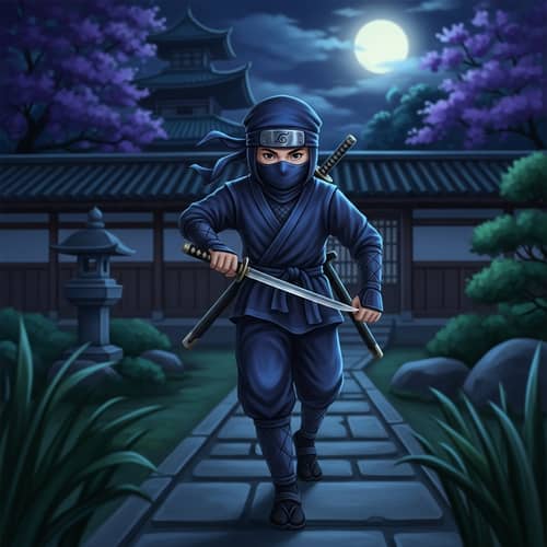 Young Ninja Boy Stealthily Navigating Traditional Japanese Garden
