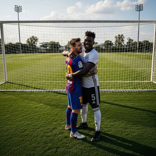 Professional Football Players Embracing Under Soccer Goal Post