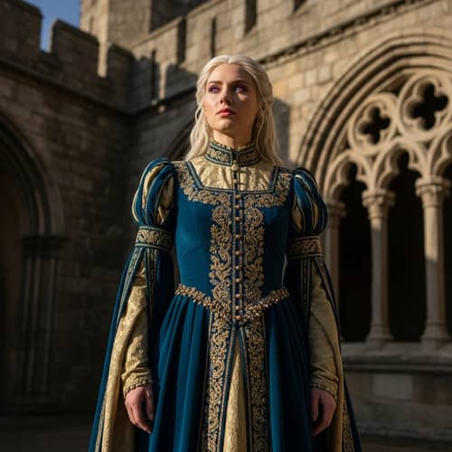 Regal Lady in Medieval Gown | Ancient Stone Architecture