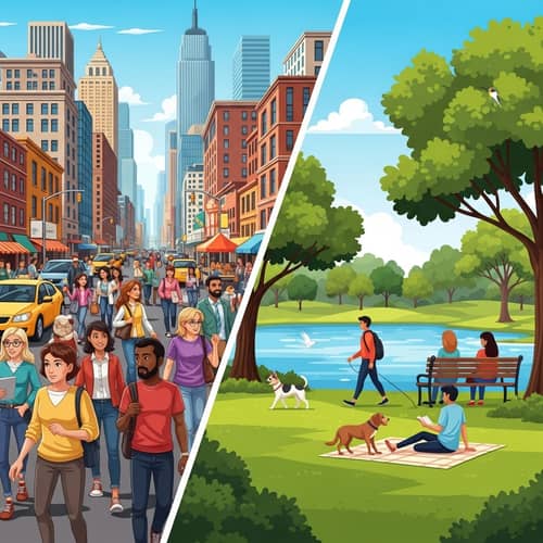 Urban Vs Park: Diverse City Life Meets Tranquil Nature