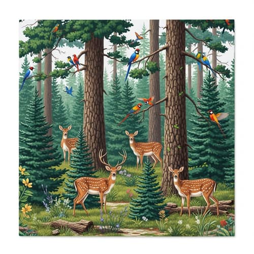Tranquil Forest Scene with Deer and Colorful Birds