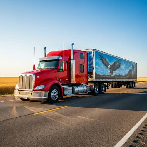 Bright Red Semi-Truck with Eagle Mural | Open Highway Scene
