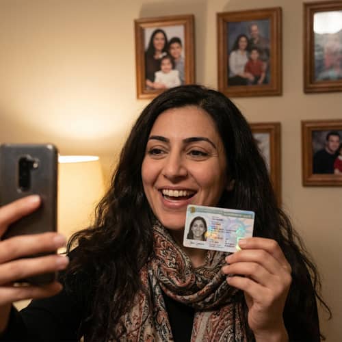 Middle-Eastern Woman Holding Smartphone and ID Card | Excited Expression Middle-Eastern Woman Holding Smartphone and ID Card | Excited Expression