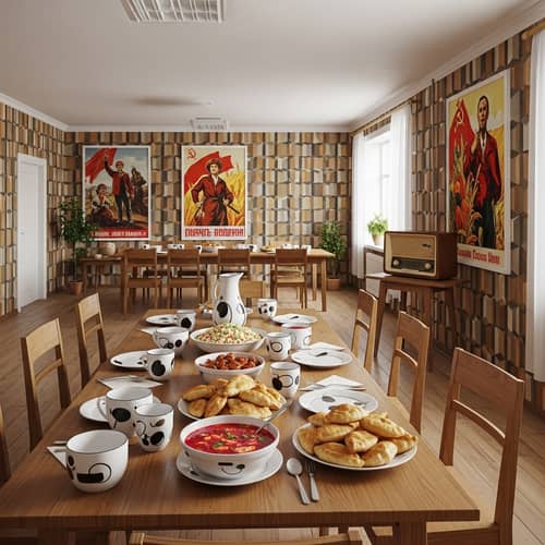 Soviet-Era Dining Room | Elegant Wooden Furniture & Russian Cuisine