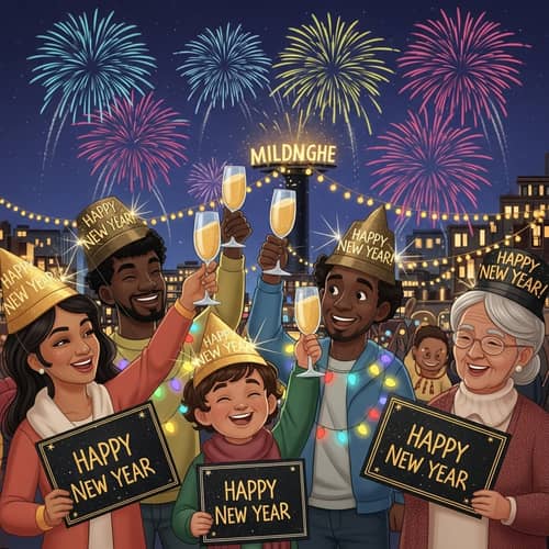 Colorful New Year's Eve Festivities with Diverse Crowd Celebrating