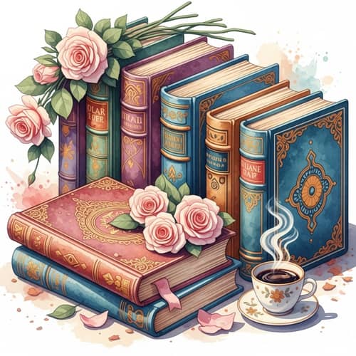3D Watercolor Image of Antique Books, Roses & Coffee